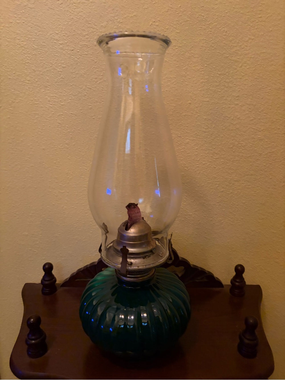 Vintage Green Glass Oil Lamp with Clear Chimney and Christmas Chimney